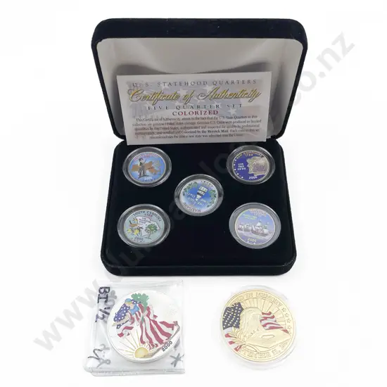 US Colorized 2000 Five Quarter Set 2000 Silver Eagle and 2001 Memory Medal