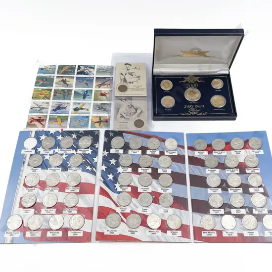 US 1999-2008 Quarters Album 2000 24kt Gold Plated 5pce Set and Lincoln Wheat Pennies x2