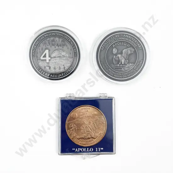 Two Apollo 14 Medallions Containing Metal Flown to the Moon and Apollo 11 Medallion