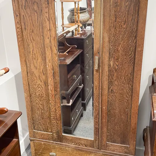 Oak Mirror Door Wardrobe with Single Drawer to Base