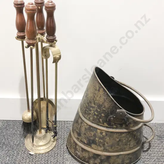Brass Coal Bin Together with Fire Tidy Set