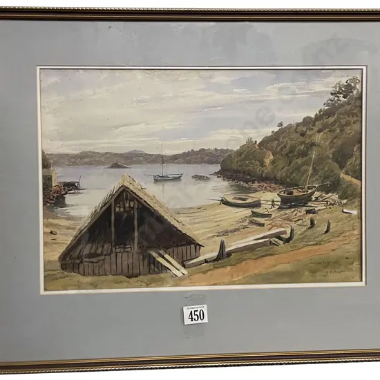 R P MacGoun - Coastal Inlet with Ships & Boatshed