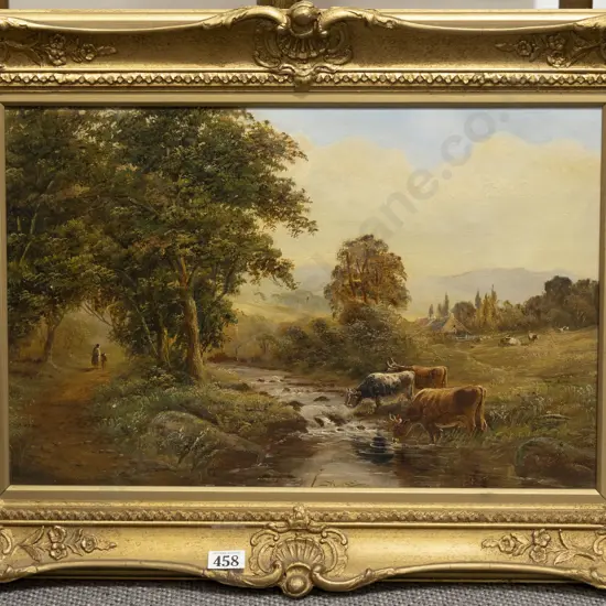 Victorian School - Rustic English River Landscape with Figures & Cattle