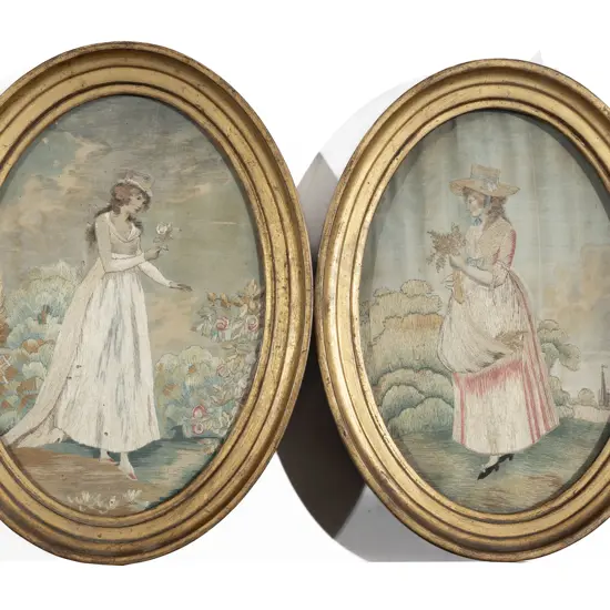 Pair Late C18th Silk Embroidered Scenes