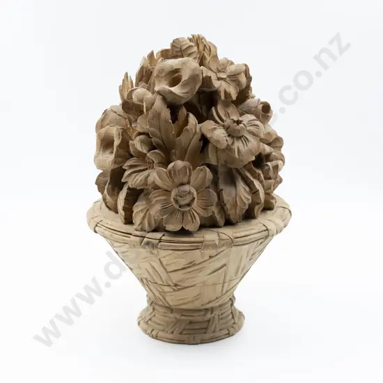 Antique Carved Wooden Basket Of Flowers