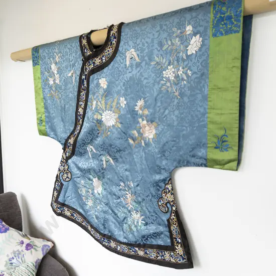 Antique Chinese Silk Robe embroidered with flowers and butterflies in blue