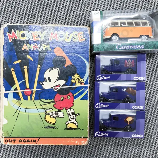 A Mickey Mouse Annual together with Three Boxed Model Cars