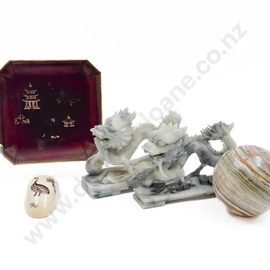 Pair of Soap Stone Dragons with Hardstone Carpet Ball