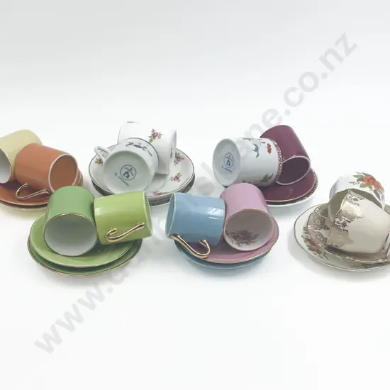 Box of Assorted Fancy China Coffee Cups and Saucers