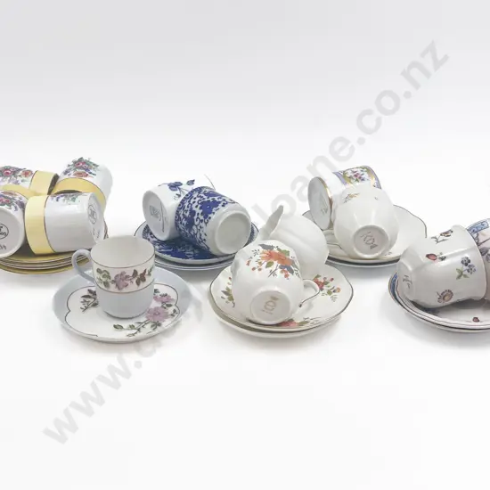 Box of Assorted Fancy China Coffee Cups and Saucers