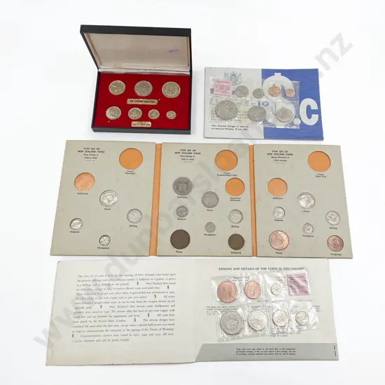 NZ Pre Decimal Seven Coin Set Sterling 24kt Gold Plated with Three Coin Packs