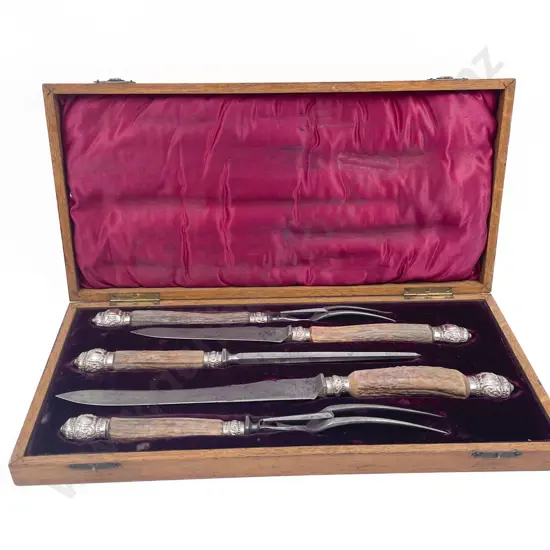 Late Vict Oak Cased 5 Piece Antler Handled Carving Set