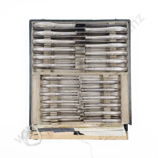 Cased Set Of 12 Antique French Silver Handled Table Knives & 12 Matching Dessert Knives