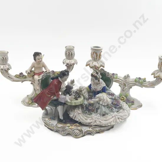 Two Fancy Dresden China Candelabras with Group Figure