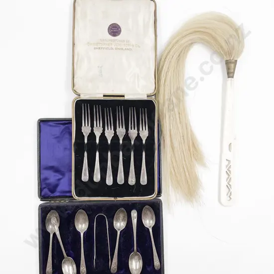 Case Set of Six S/S Teaspoons and Sugar Tongs together with Plated Set of Cake Forks and Horse Hair Fly Whisk