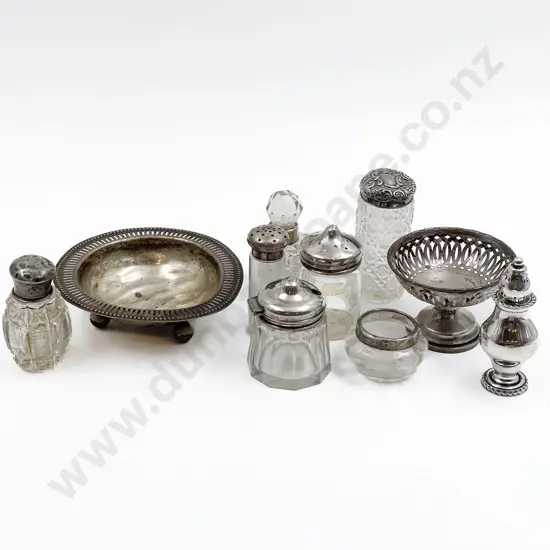 Two S/S Dishes and Pepperette together with Assorted S/P and S/S Topped Jars