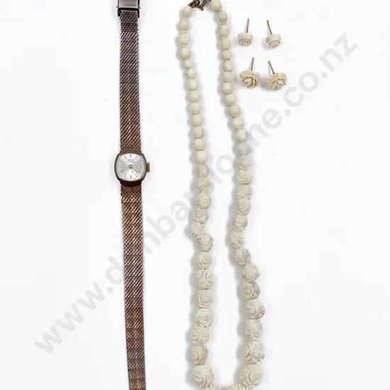 Carved Ivory Necklace with Two Pairs of Matching Earrings together with Ladies wrist Watch