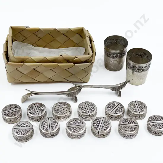 Twelve Silver Place Holders with Two S/S Knife Rests and Two Shot Glasses