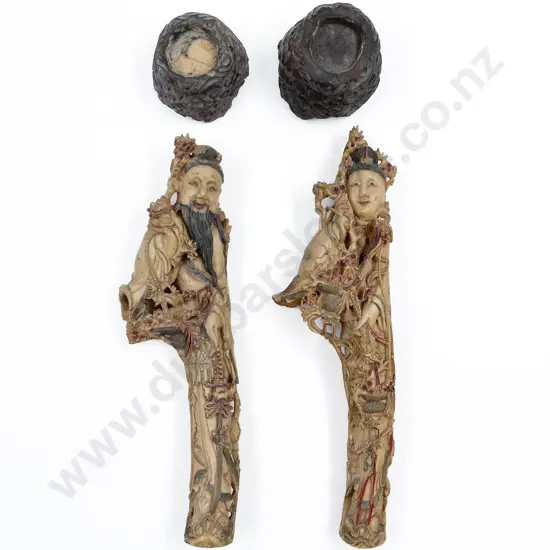 Two Chinese Carved Figural Antlers with Stands