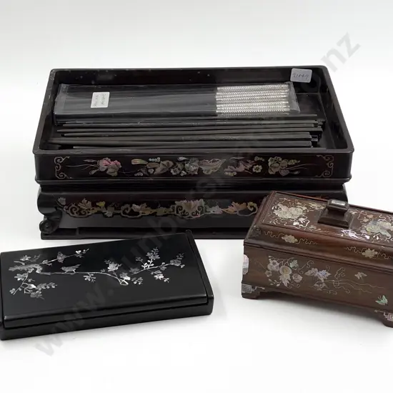 Lacquered Cutlery Box with Assorted Chopsticks with Two other Inlaid Boxes