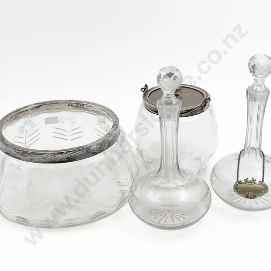 Pair of Glass Decanters with Biscuit Barrel and Salad Bowl