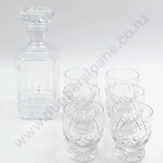 Glass Whiskey Decanter with Six Crystal Tumblers