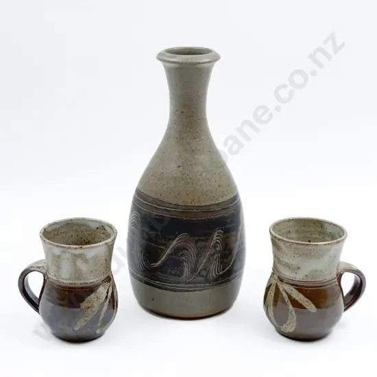 Pottery Cone Patterned Bottle Vase and Two Mugs