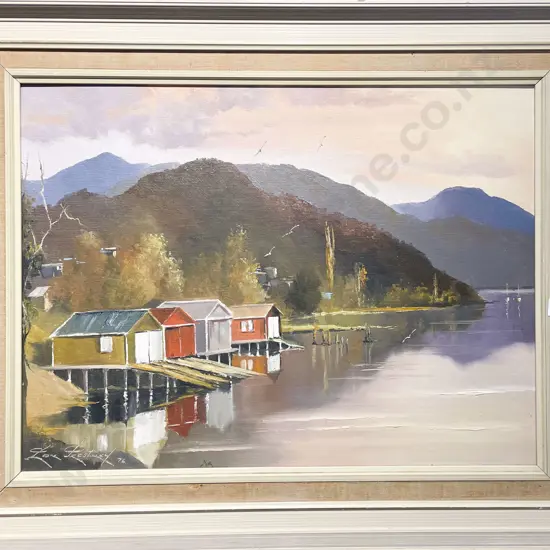 Ron Prestney - Evening Boat Shed Havelock - Oil on Board