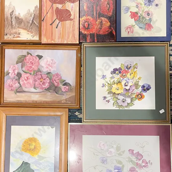 Seven Assorted Floral Still Life's together with Small Rhonda Smith Oil