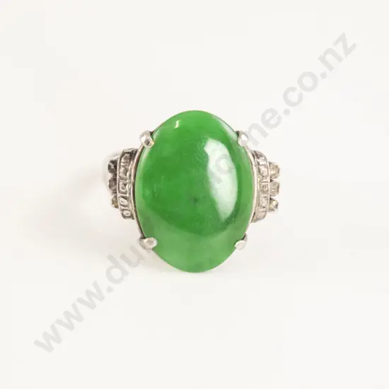 All Platinum Single Oval Dark Apple Green Jade Panel Ring