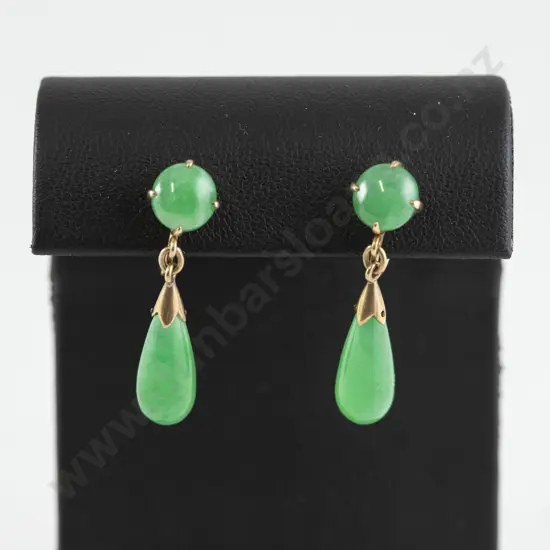 Pair 14ct Apple Green Jade Lozenge Pendant Drop Earrings