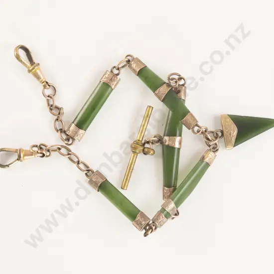 NZ Colonial 9ct and Gold Plate Mounted Greenstone Rail Link Albert Chain