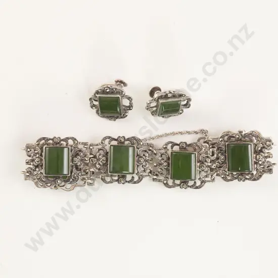 NZ Silver Fancy Marcasite and Greenstone Panel Bracelet