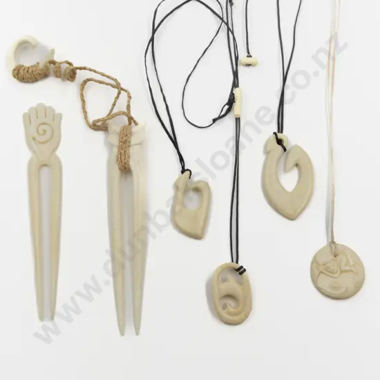 NZ Two Whale Bone Carved Bone Hair Combs and Four Pendants