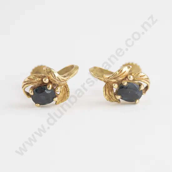 Pair 14ct Single Sapphire Leaf Scroll Earrings