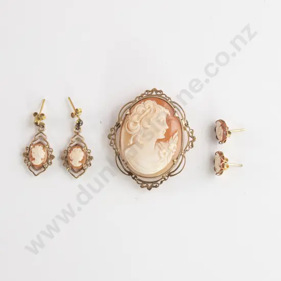 9ct Framed Cameo Portrait Brooch with Two Pair of Earrings