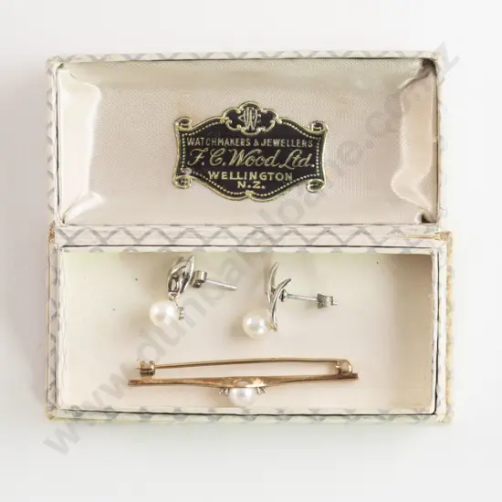 9ct Diamond & Single Pearl Bar Brooch Earrings