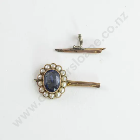Gold Mounted Natural Light Blue Sapphire and Seed Pearl Cluster