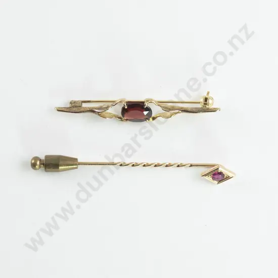 9ct Single Garnet Bar Brooch and Stick Pin