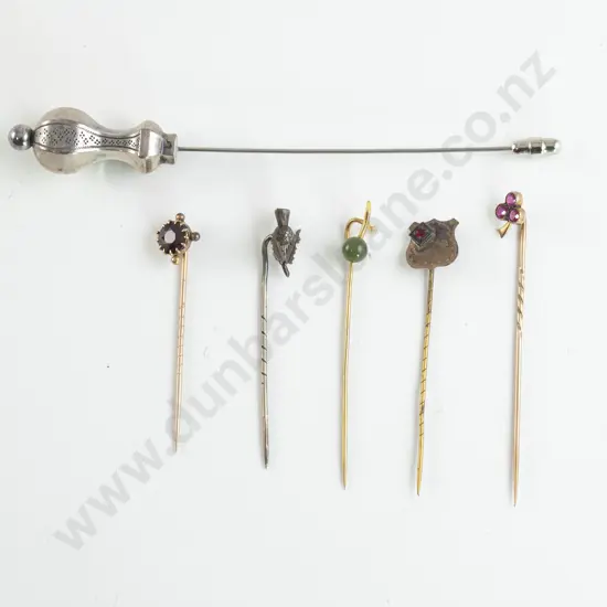 Five Various Gem Set Stick Pins and Hat Pin