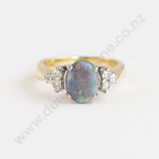 18ct Seven Stone Black Opal Doublet and Diamond Ring