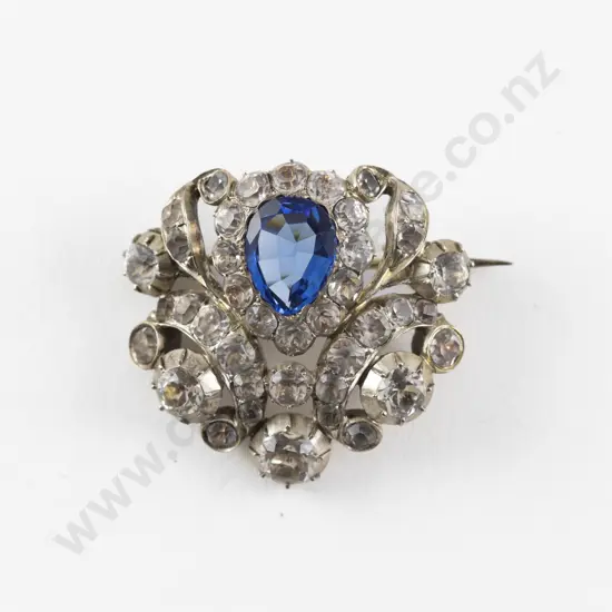 Antique Diamond and Sapphire Paste Shield Scroll Brooch