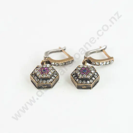 .925 Silver Ruby and Diamond Crystal Pendant Earrings