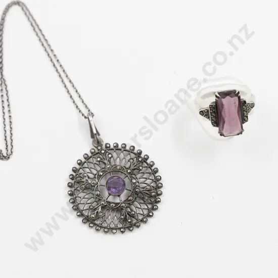 .835 Silver Marcasite and Amethyst Pendant and Ring