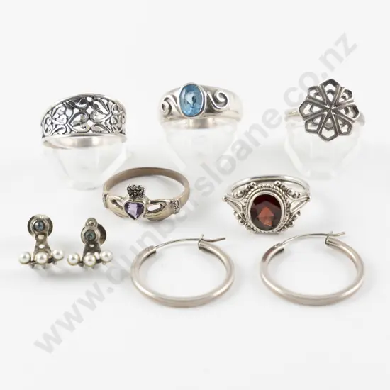 Five Dress Rings and Two Pair of Earrings
