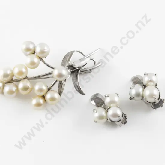 S/S Cultured Pearl Spray Brooch with Earrings