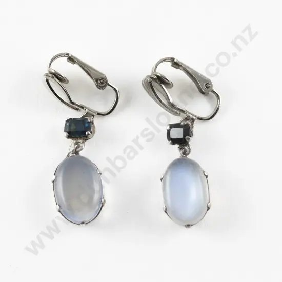 Pair Art Deco Moonstone and Sapphire Pendant Drop Earrings