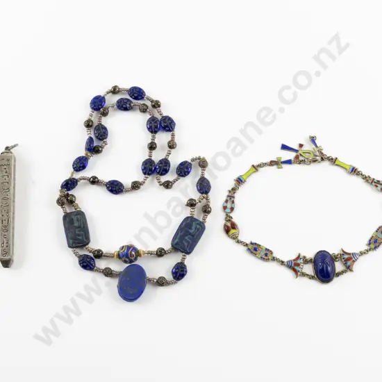 Edwardian Egyptian Revival Enamel Bracelet Propelling Pencil and Necklace