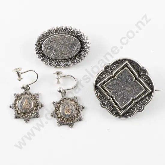 Two Vict S/S Panel Brooches and Pair Pendant Earrings