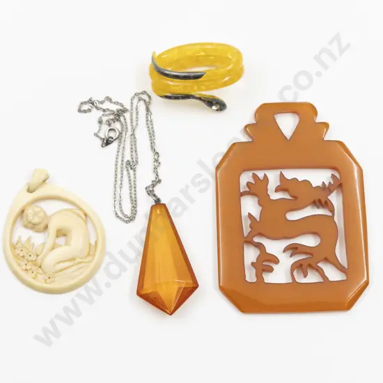 Three Art Deco Plastic Pendants and Snake Scarf Ring